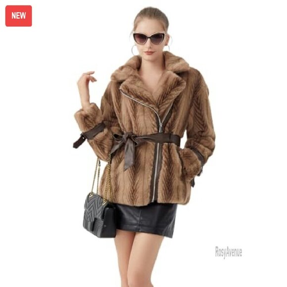 Faux Fur Cropped Jacket with Belted Waist and Leather Accents - Picture 2 of 8